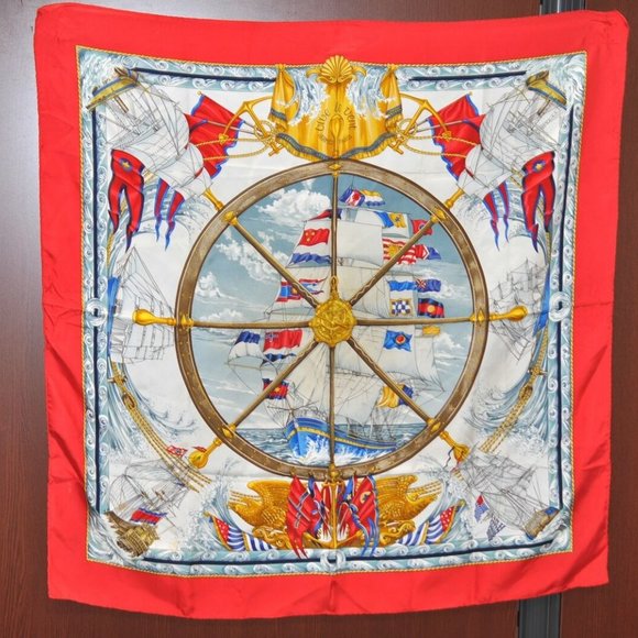 Authentic HERMES Carre 90 Scarf "Vive Le Vent" Silk Red - Picture 1 of 13
